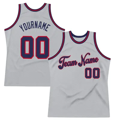 Custom Gray Navy-Red Throwback Basketball Jersey - Script Maroon Trim