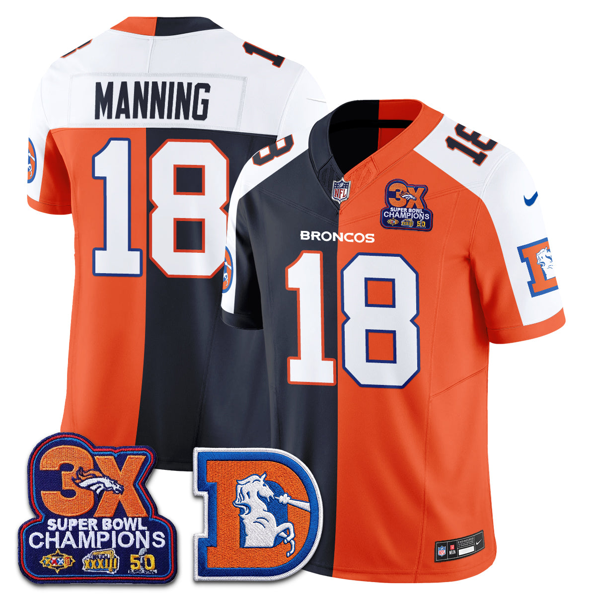 Peyton Manning Denver Broncos Throwback Split Jersey Stitched - Alternate Split